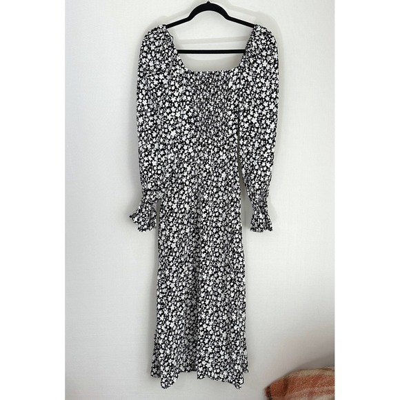 NWT & Other Stories Floral Square Neck Midi Dress Black White Double Puff Slit 2 - Picture 3 of 14